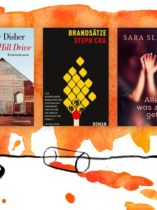 Coverabbildungen der Bücher "Hope Hill Drive" von Garry Disher, Steph Chas "Brandsätze" und "Alles, was zu ihr gehört" von Sara Sligar.