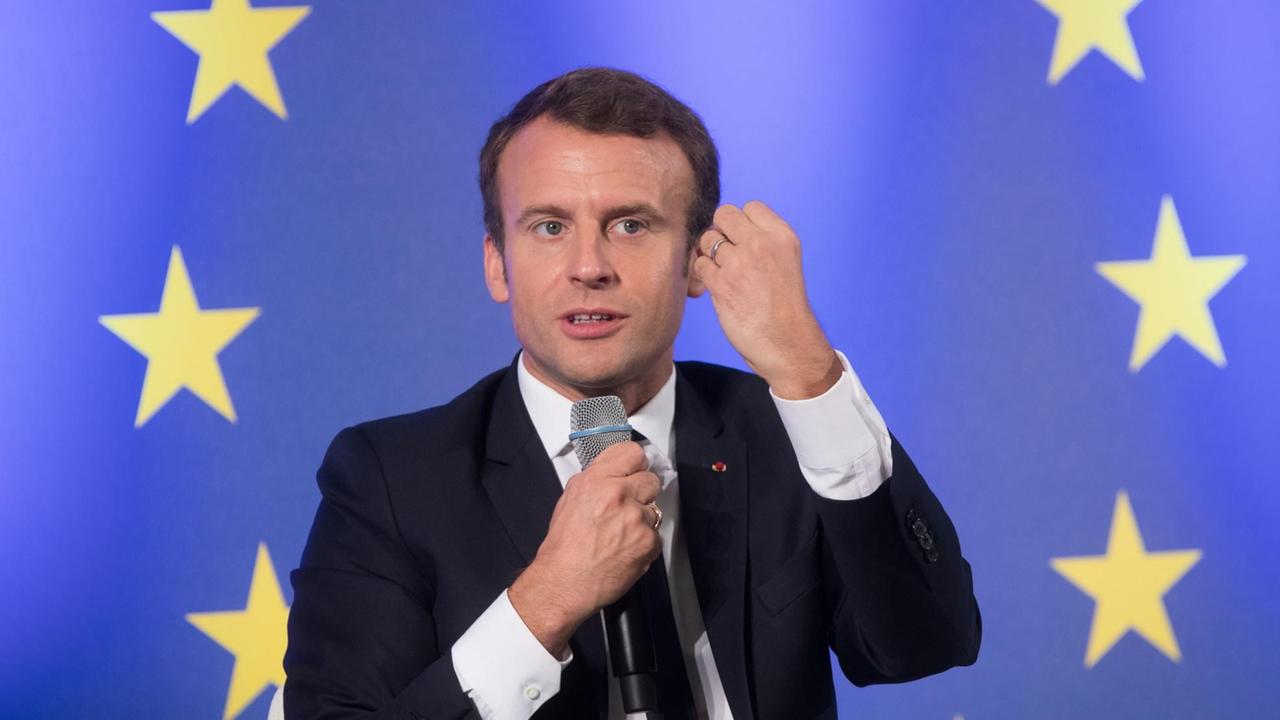 Frankreichs Staatspräsident Emmanuel Macron spricht in der Frankfurter Johann Wolfgang Goethe-Universität. Das Thema der Festveranstaltung lautet "Debatte über die Zukunft Europas". Frankreichs Staatspräsident Emmanuel Macron spricht in der Frankfurter Johann Wolfgang Goethe-Universität. Das Thema der Festveranstaltung lautet "Debatte über die Zukunft Europas".