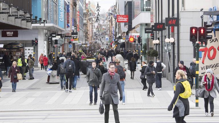 Die Stockholmer Einkaufsstraße Drottninggatan am 1. April 2020. Die Stockholmer Einkaufsstraße Drottninggatan am 1. April 2020.