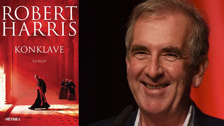 Links das Buchcover von Robert Harris' "Konklave", rechts der britische Schriftsteller bei einer Lesung in Köln Links das Buchcover von Robert Harris' "Konklave", rechts der britische Schriftsteller bei einer Lesung in Köln