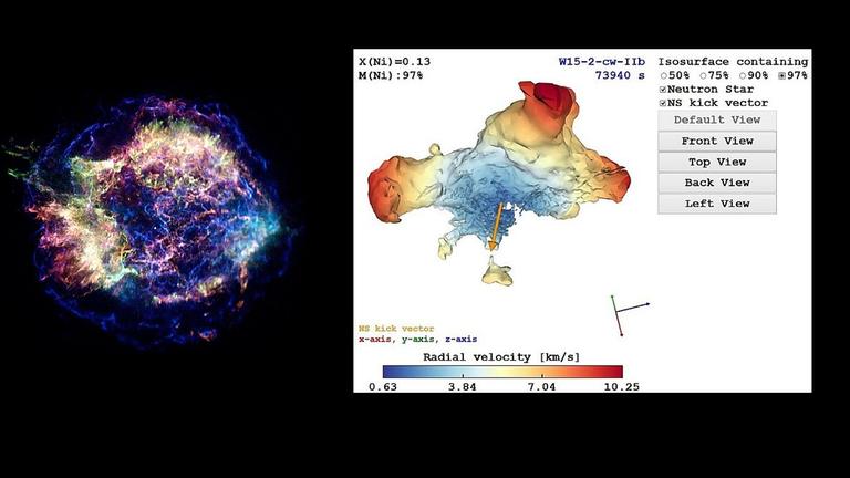 Vergleich eines Röntgenbildes vom Überrest der Supernova Cas A mit der berechneten Verteilung der bei dieser Explosion freigesetzten Nickel-56-Atome Vergleich eines Röntgenbildes vom Überrest der Supernova Cas A mit der berechneten Verteilung der bei dieser Explosion freigesetzten Nickel-56-Atome