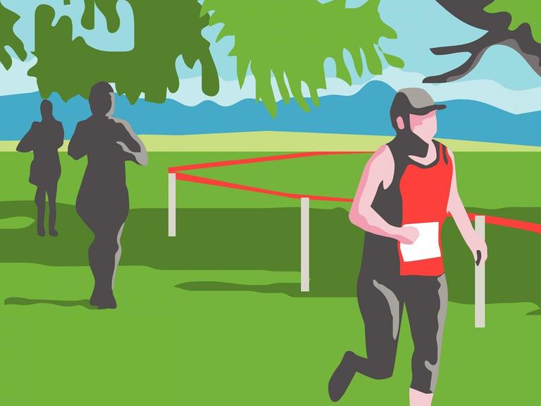 Illustration dreier Personen die im Grünen an einem Marathon teilnehmen.