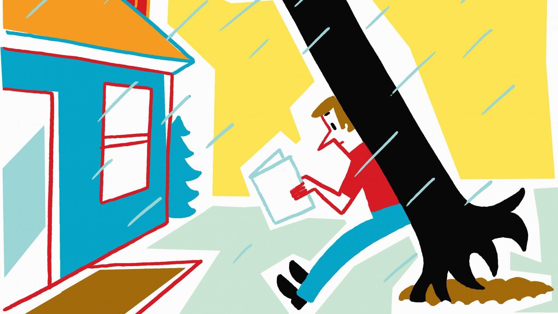 Eine bunte Illustration zeigt einen Mann, der im Regen an einem entwurzelten Baum vor einem Haus lehnt und liest. Eine bunte Illustration zeigt einen Mann, der im Regen an einem entwurzelten Baum vor einem Haus lehnt und liest.
