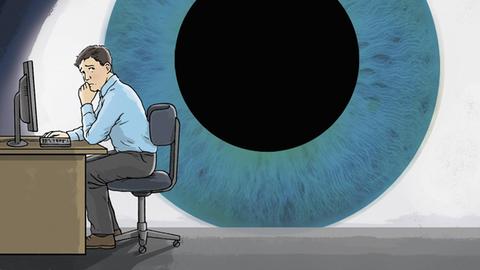 Eine Illustration zeigt ein übergroßes Auge, dass einen Mann am Schreibtisch überwacht.