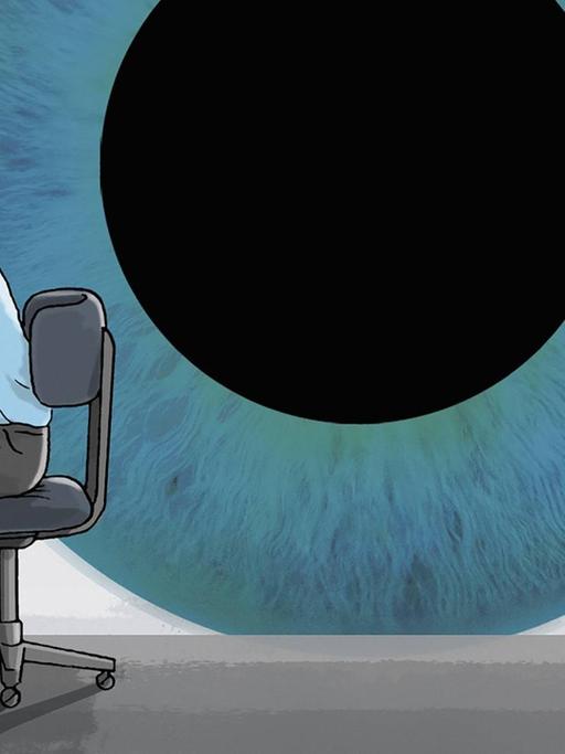 Eine Illustration zeigt ein übergroßes Auge, dass einen Mann am Schreibtisch überwacht.