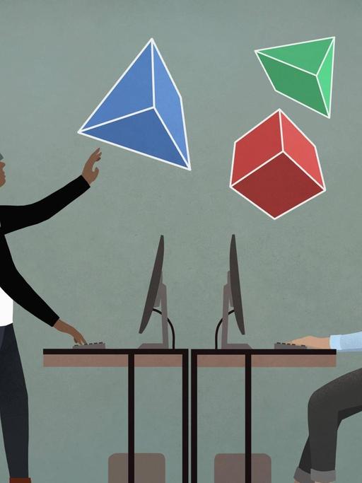 Illustration von zwei Menschen, die mithilfe von Virtual Reality etwas gestalten