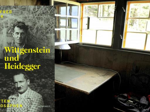 Cover von "Wittgenstein und Heidegger" vor dem Schreibtisch von Martin Heidegger in der Berghütte des Philosophen im Schwarzwald.