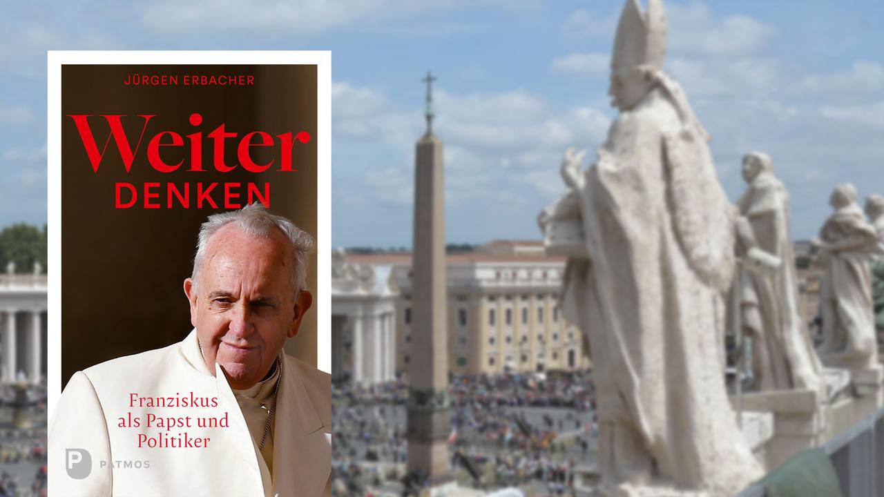 Buchcover "Weiter denken" von Jürgen Erbacher, im Hintergrund ein Blick über den Petersplatz in Rom