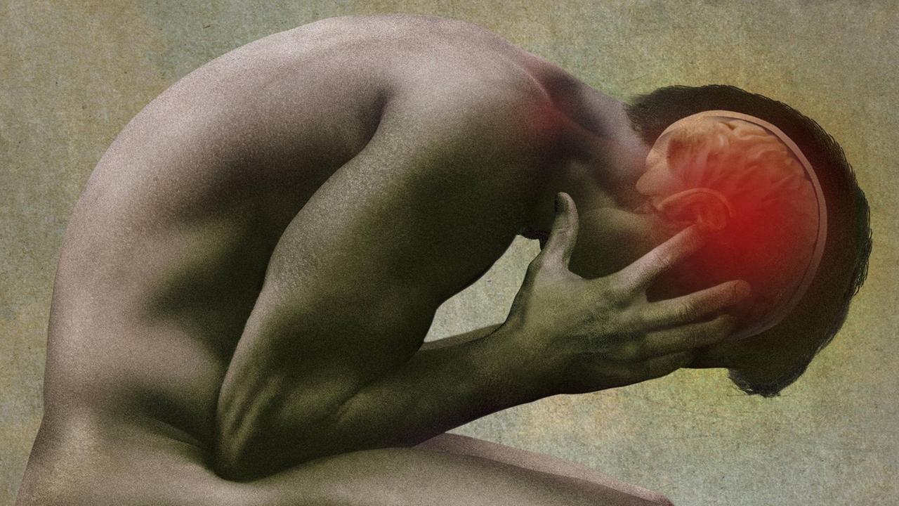 Ein Mann beugt sich vor Kopfschmerzen Ein Mann beugt sich vor Kopfschmerzen
