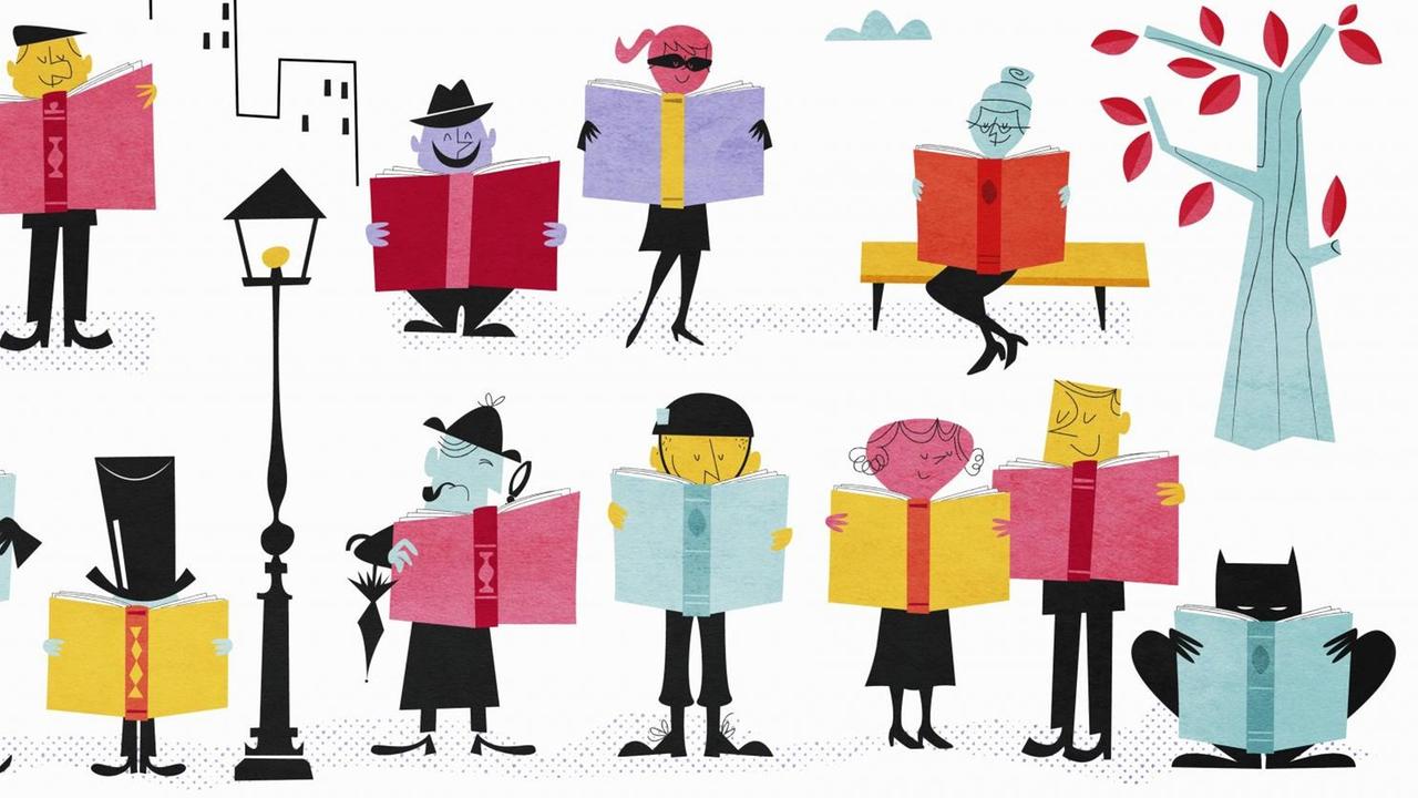 Illustration unterschiedlicher Menschen, die Bücher lesen Illustration unterschiedlicher Menschen, die Bücher lesen