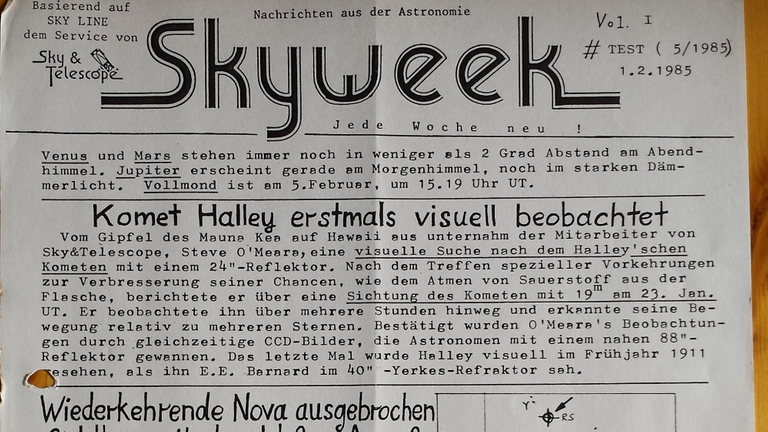 Ein Stück astronomischer Mediengeschichte: Test-Ausgabe von Skyweek Ein Stück astronomischer Mediengeschichte: Test-Ausgabe von Skyweek