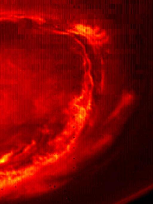 Eine Infrarot-Aufnahme zeigt das Nordlicht des Planeten Jupiter, aufgenommen von der Sonde Juno am 27.08.2016.