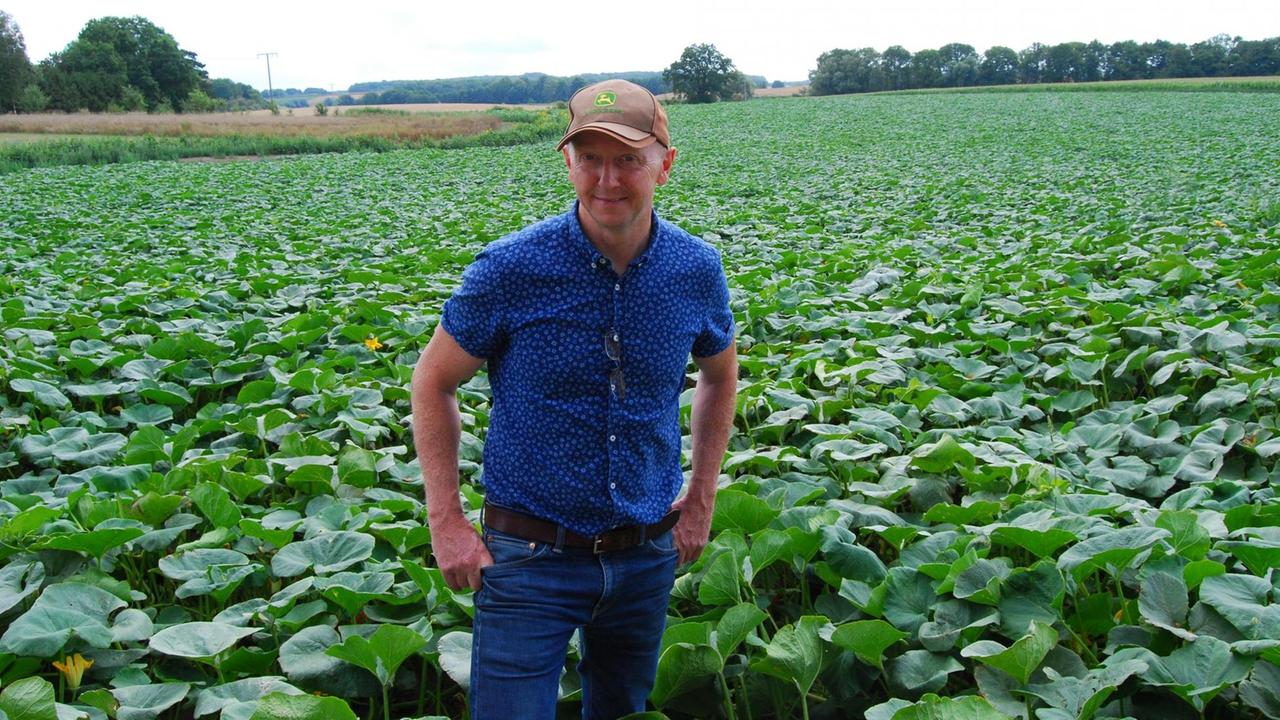 Landwirt Michael Brink steht vor seinem Kürbisfeld der Agrargenossenschaft Steinhausen in Mecklenburg-Vorpommern.