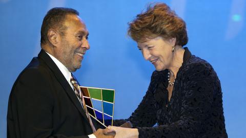 Princess Margriet (R) of the Netherlands honores sociologist Stuart Hall during the ceremony of the Princess Margriet Award for Cultural Diversity, Tuesday 09 December 2008 in Brussels, Belgium. The award is a tribute to the work of Princess Margriet for the European Cultural Foundation (ECF) as old-president of the ECF. The price is for European artists and thinkers.