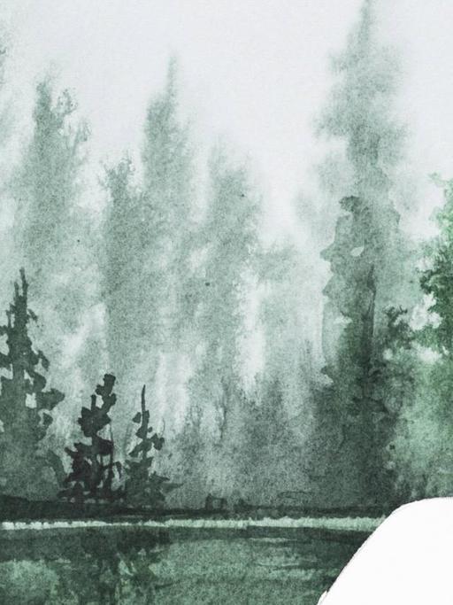 Die Illustration einer Waldlandschaft im Kopf einer Frau.