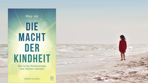 Cover von Meg Jays Buch "Die Macht der Kindheit. Wie frühe Rückschläge uns stärker machen". Im Hintergrund ist ein kleines Mädchen in einem roten Kleid zu sehen, das am Strand steht und aufs Meer blickt.