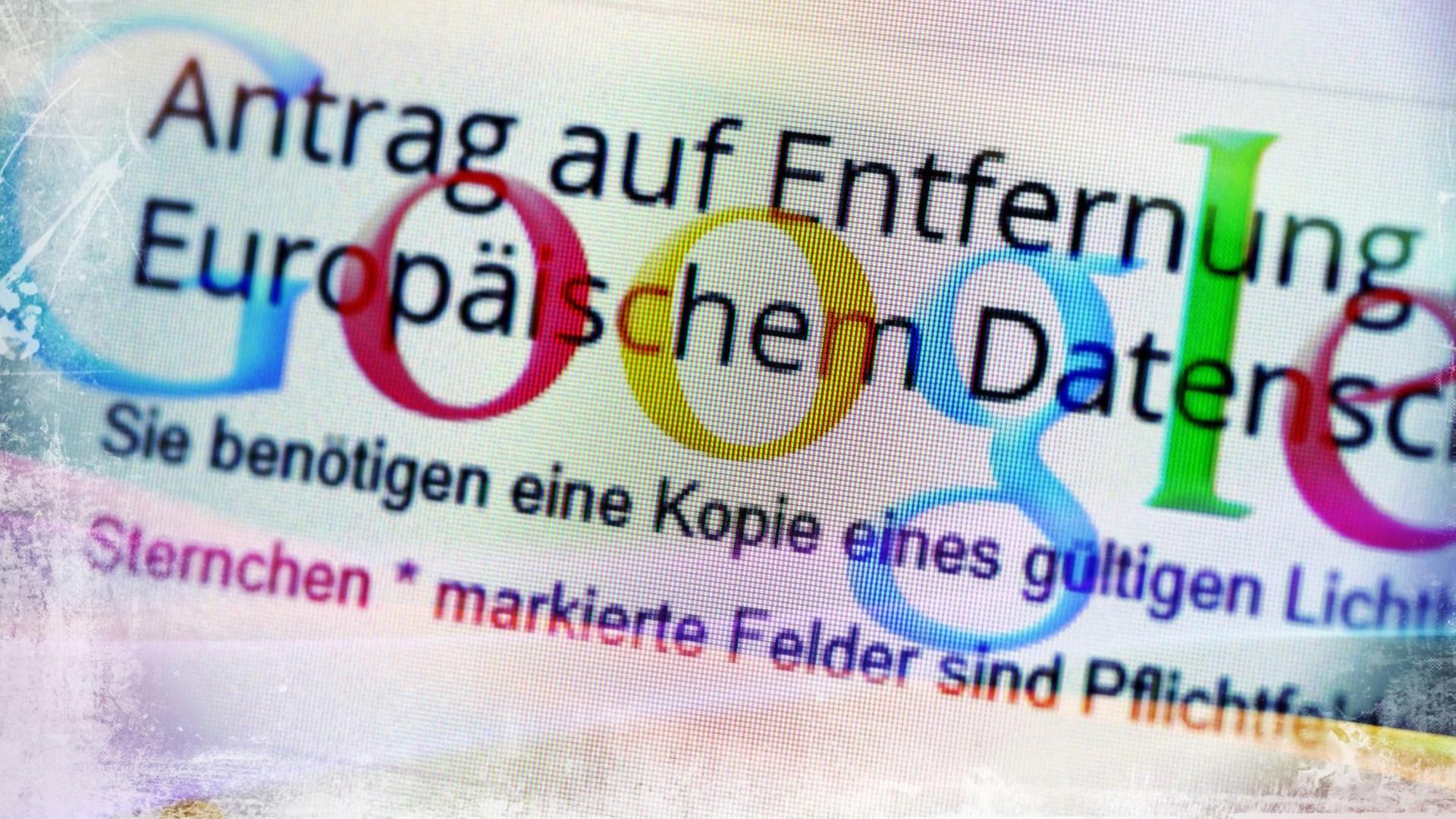 Google-Schriftzug auf Computermonitor und Löschungsantrag, Datenlöschung von Google-Suchergebnissen.