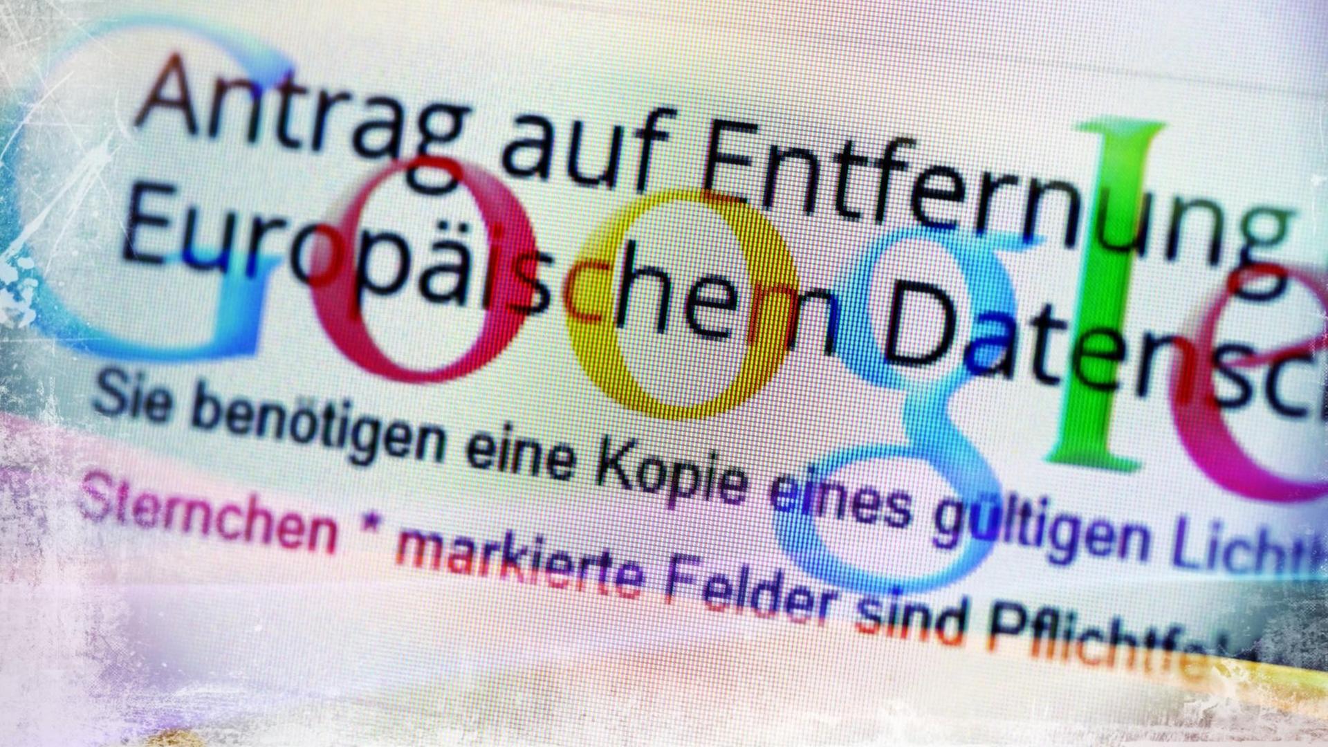 Google-Schriftzug auf Computermonitor und Löschungsantrag, Datenlöschung von Google-Suchergebnissen. Google-Schriftzug auf Computermonitor und Löschungsantrag, Datenlöschung von Google-Suchergebnissen.