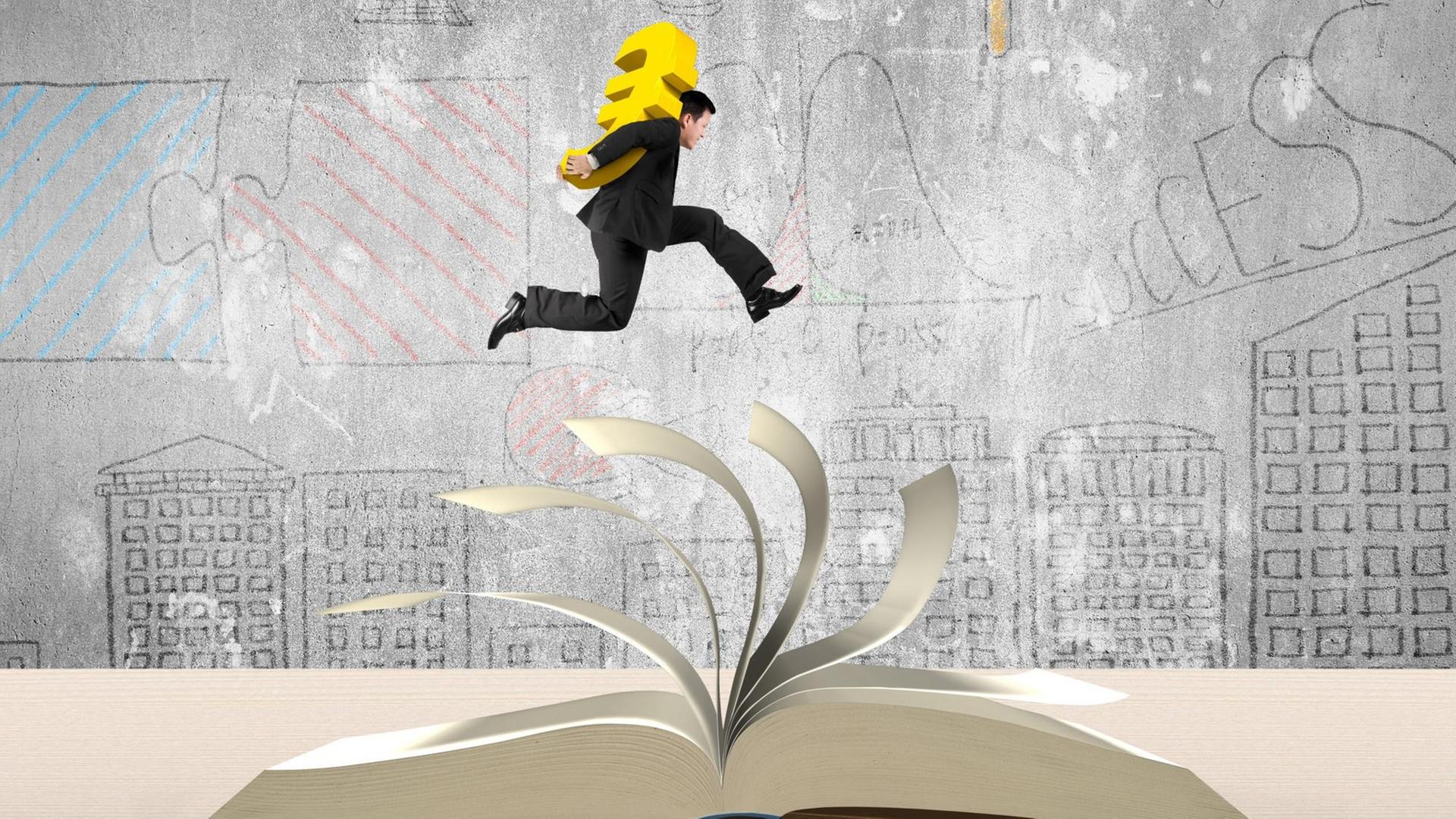 Die Illustration zeigt einen Mann im schwarzen Anzug, der die Hände auf dem Rücken hat, darin ein gelbes Eurozeichen trägt und über ein aufgeschlagenes Buch springt.