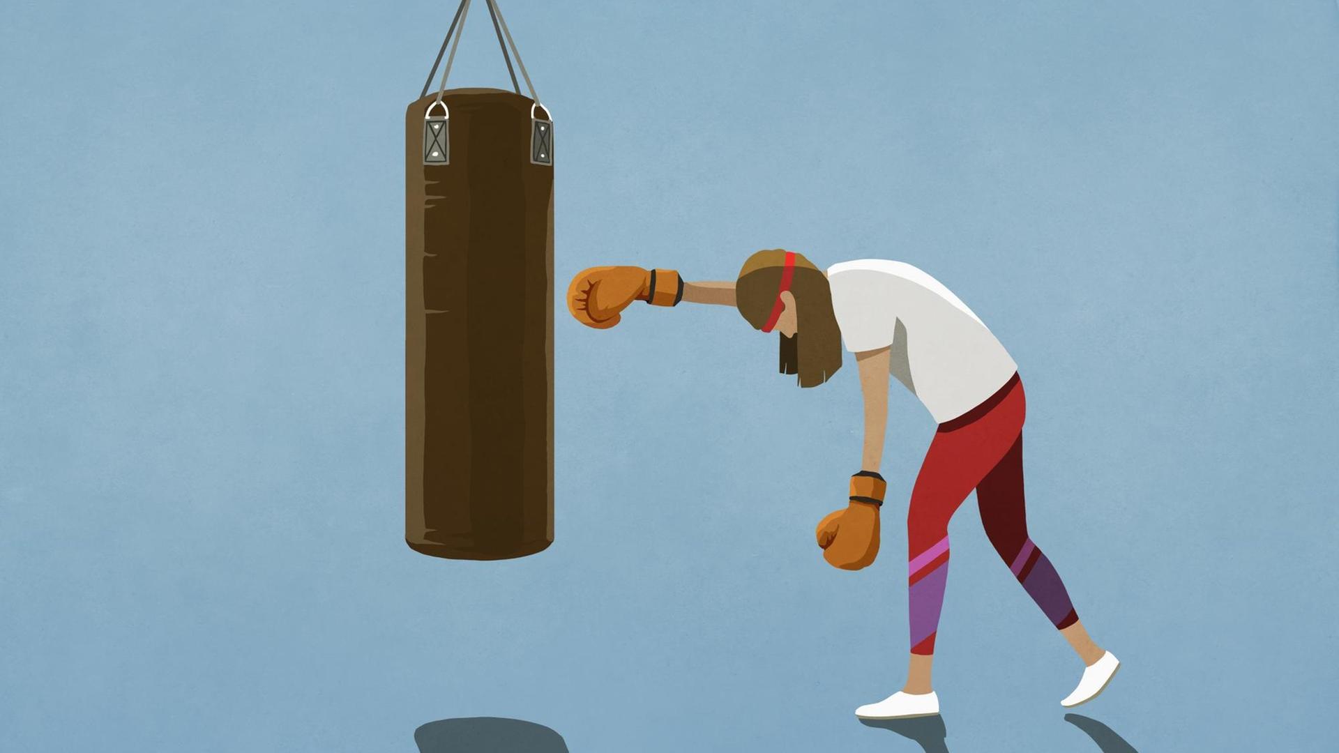 Illustration: Eine müde Frau schlägt auf einen Boxsack. Illustration: Eine müde Frau schlägt auf einen Boxsack.