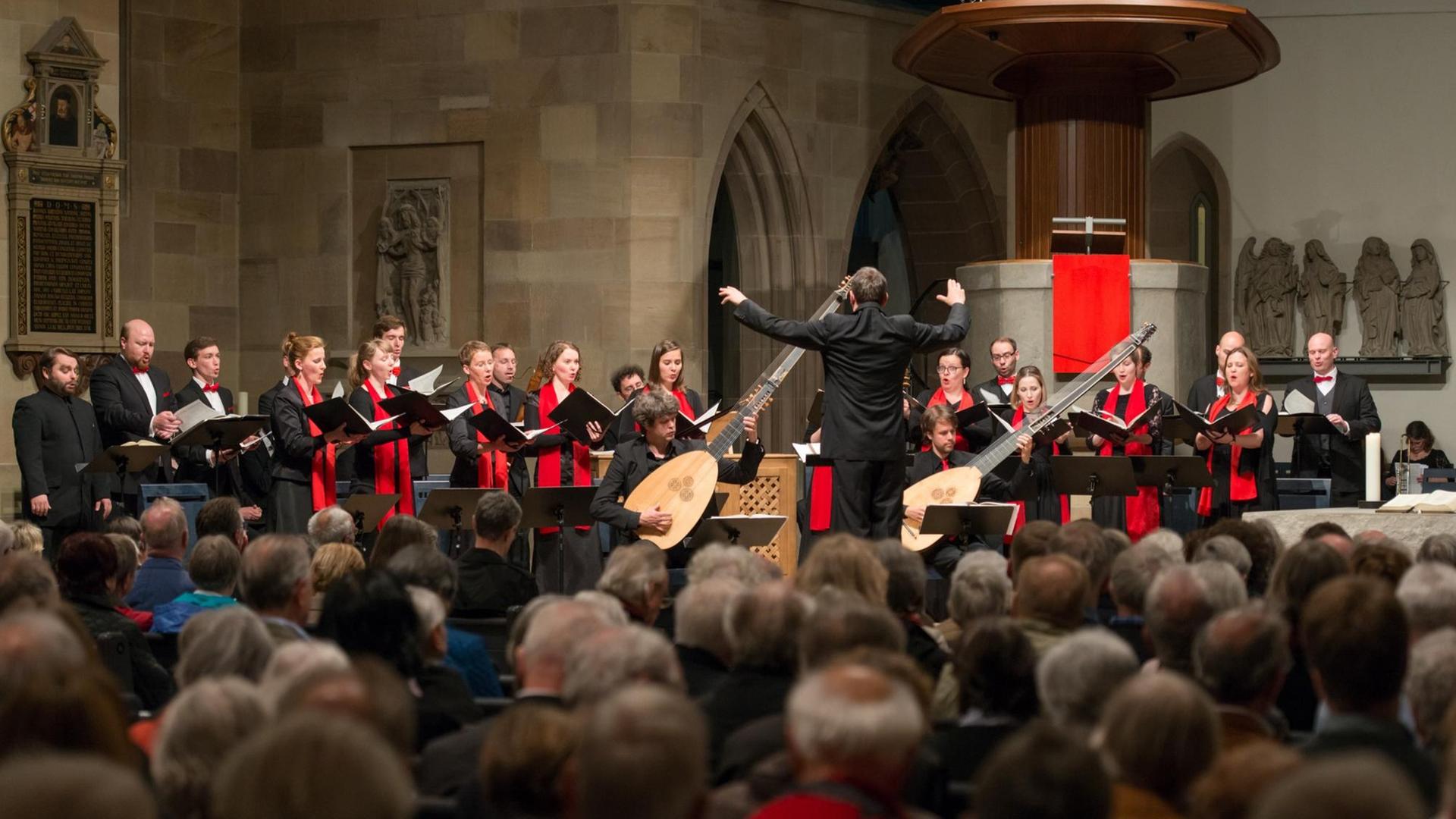 Der Dresdner Kammerchor unter der Leitung von Hans-Christoph Rademann bei einem Kirchenkonzert, Instrumentalbegleitung: zwei Theorben und Truhenorgel Der Dresdner Kammerchor unter der Leitung von Hans-Christoph Rademann bei einem Kirchenkonzert, Instrumentalbegleitung: zwei Theorben und Truhenorgel