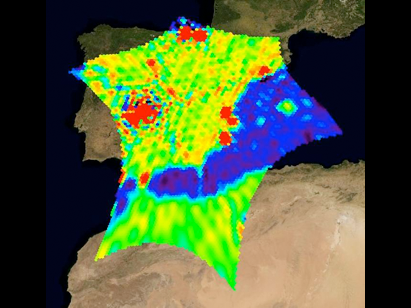 Eigentlich sollte diese Karte des SMOS-Satelliten zeigen, wieviel Wasser Spaniens Böden enthalten. Doch falsch eingestellte Funksender störten das Bild und verursachten die roten Flecken. Eigentlich sollte diese Karte des SMOS-Satelliten zeigen, wieviel Wasser Spaniens Böden enthalten. Doch falsch eingestellte Funksender störten das Bild und verursachten die roten Flecken.