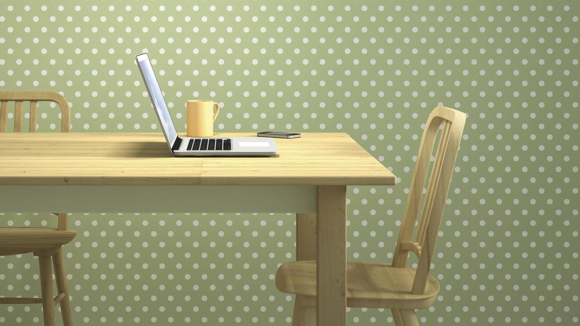 Ein Laptop steht auf einem Küchentisch - Illustration Ein Laptop steht auf einem Küchentisch - Illustration