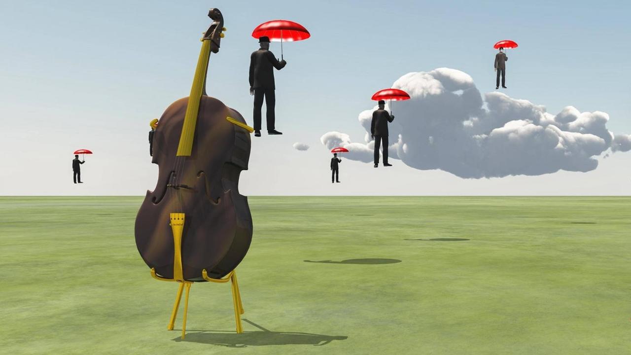 Ein Violoncello steht auf einem gelben Gestellt, dass von fliegenden Männern mit roten Regenschirmen und Wolken umgeben ist.