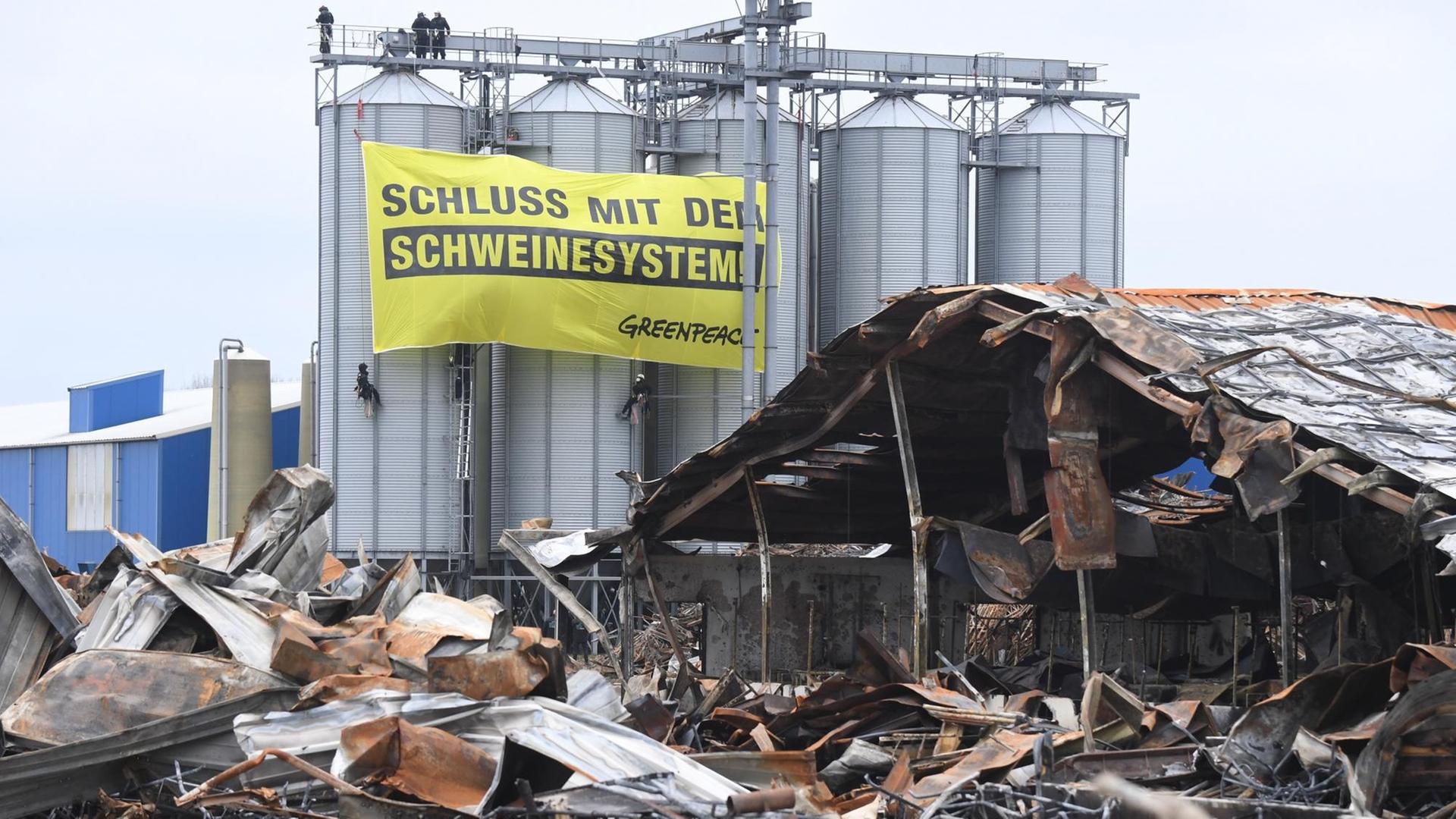 Auf dem abgebrannten Geländer der Schweinezuchtanlage Alt Tellin hängen Greenpeace-Aktivisten ein Transparent auf mit der Aufschrift: "Schluss mit dem Schweinesystem!" Auf dem abgebrannten Geländer der Schweinezuchtanlage Alt Tellin hängen Greenpeace-Aktivisten ein Transparent auf mit der Aufschrift: "Schluss mit dem Schweinesystem!"