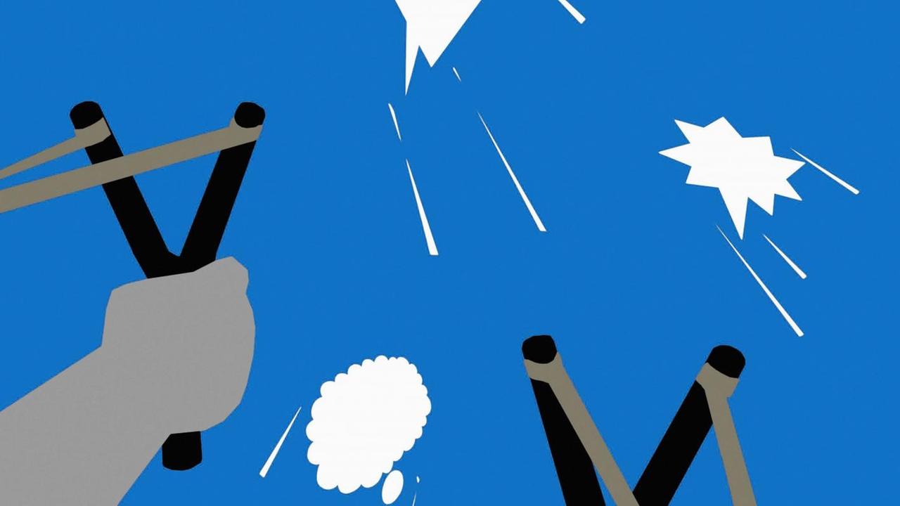 Illustration von Händen und Schleudern, die Sprechblasen abfeuern. Illustration von Händen und Schleudern, die Sprechblasen abfeuern.