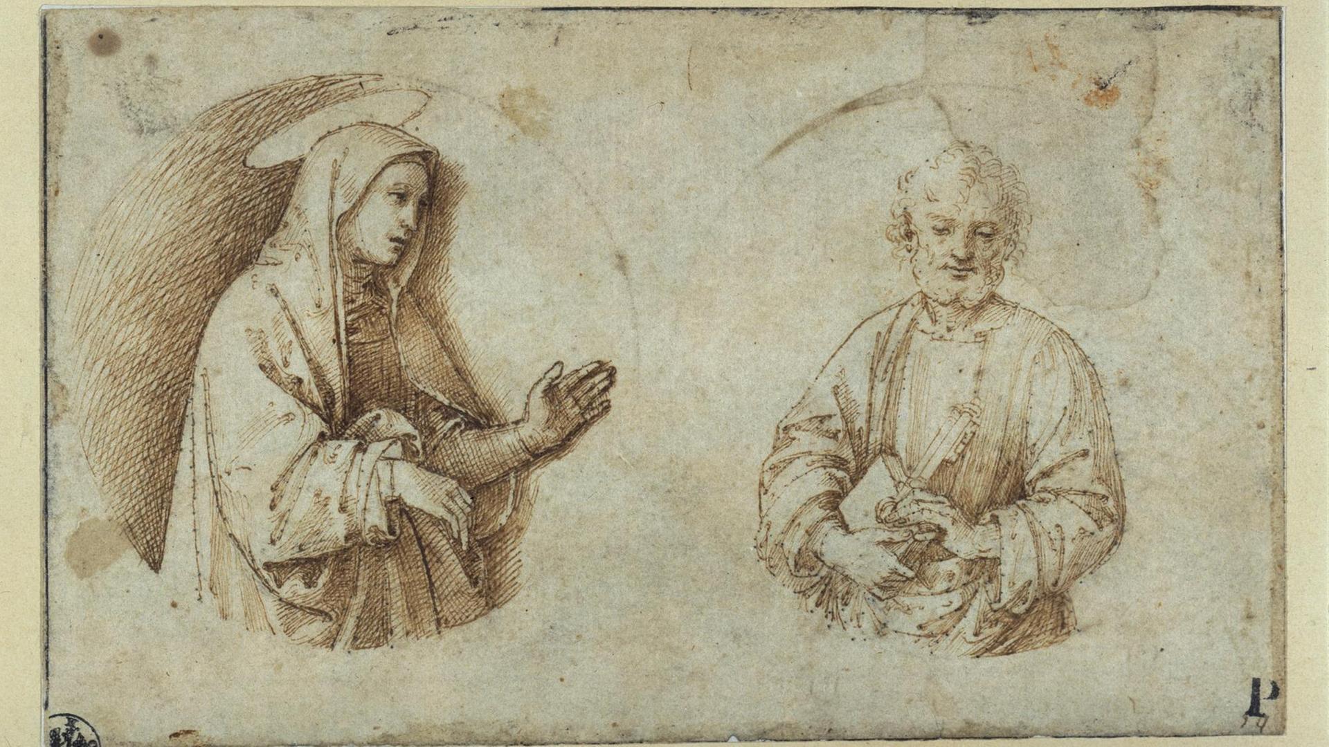 Eine Zeichung mit den Halbfiguren des Hl. Petrus und Maria