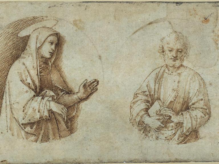 Eine Zeichung mit den Halbfiguren des Hl. Petrus und Maria