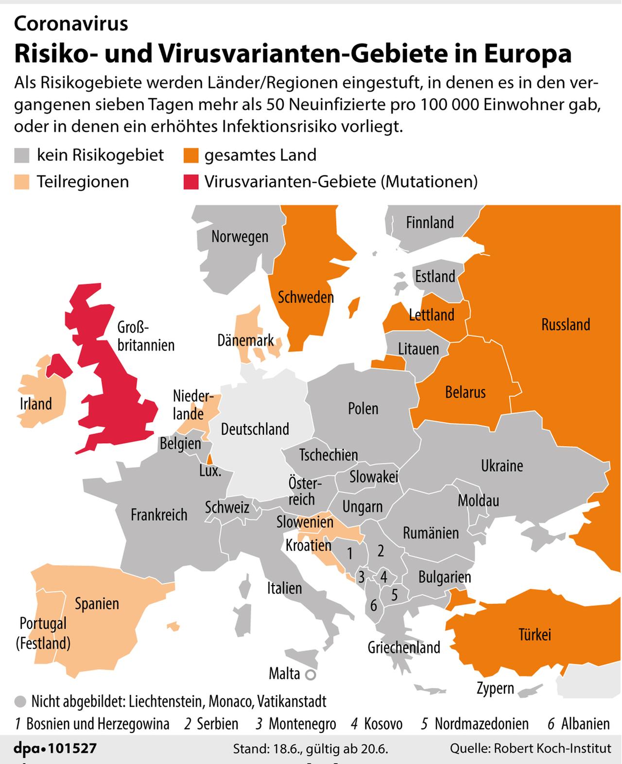 Die Grafik zeigt Coronavirus: Risiko- und Virusvarianten-Gebiete in Europa.