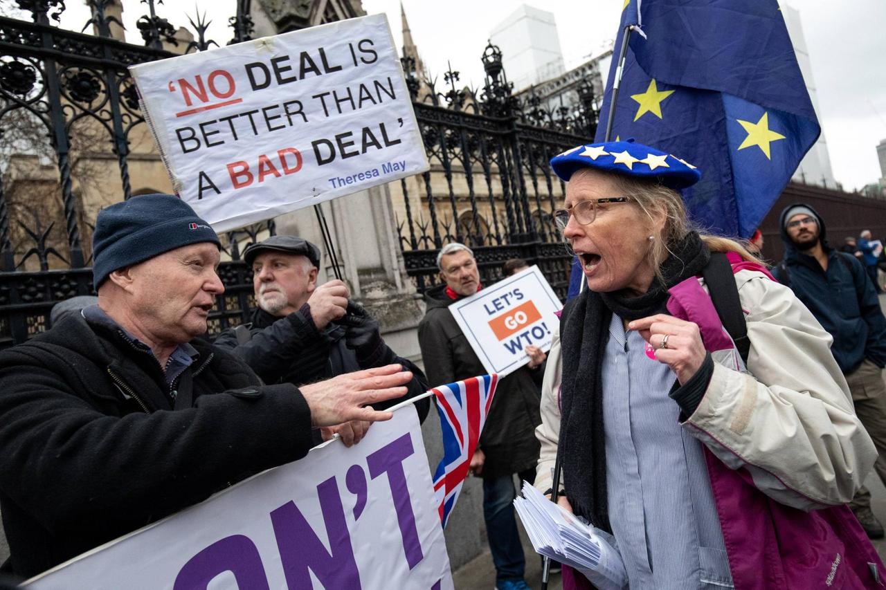 Brexit-Gegner und -Befürworter demonstrieren am 15.01.2019 vor dem britischen Parlament, das an diesem Tag zum ersten mal über den Austrittsvertrag abstimmt.