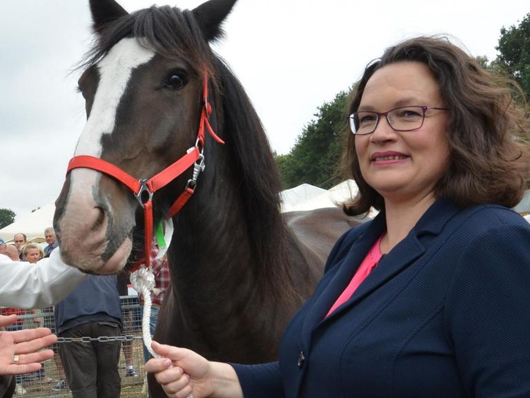Andrea Nahles, SPD-Parteivorsitzende, besucht einen Pferdemarkt, der während des Stoppelmarktes abgehalten wird und steht dabei neben einem Pferd.