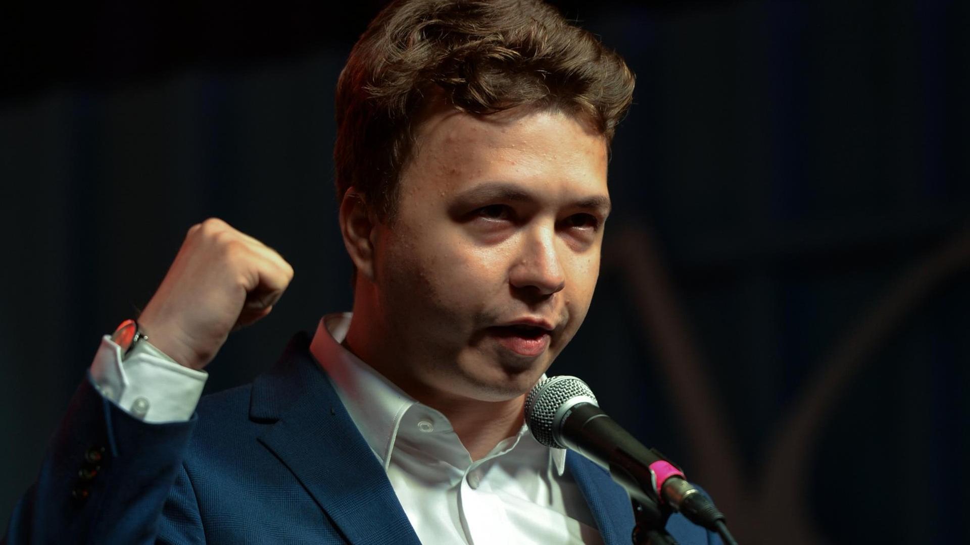 Roman Protasevich addresses the crowd next to a famous Gdansk's Shipyard Gate number 2 on August 31, 2020 during 'Free Poland To Free Belarus' support rally to express the solidarity with Belarusians people (FILE PICTURE). Belarusian authorities forced a Ryanair plane flying from Greece to Lithuania to land in Minsk. Oppositionist Roman Protasewicz, who was arrested, was on board. On Sunday, May 23, 2021 in Dublin, Ireland. (Photo by Artur Widak/NurPhoto) Roman Protasevich addresses the crowd next to a famous Gdansk's Shipyard Gate number 2 on August 31, 2020 during 'Free Poland To Free Belarus' support rally to express the solidarity with Belarusians people (FILE PICTURE). Belarusian authorities forced a Ryanair plane flying from Greece to Lithuania to land in Minsk. Oppositionist Roman Protasewicz, who was arrested, was on board. On Sunday, May 23, 2021 in Dublin, Ireland. (Photo by Artur Widak/NurPhoto)