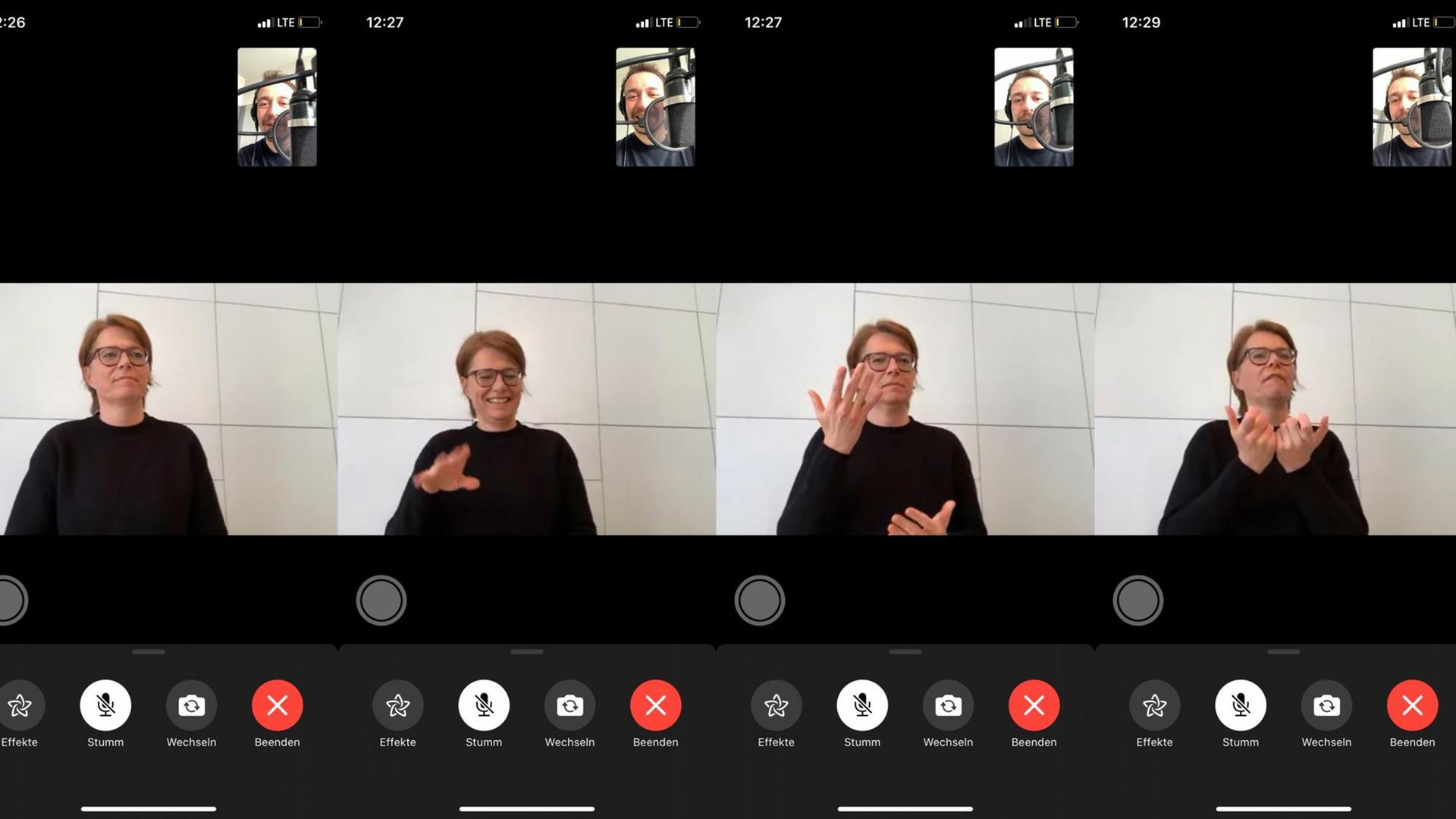 Vier Screenshots eines Facetime-Gesprächs zwischen Katja Fischer und Timo Grampes.