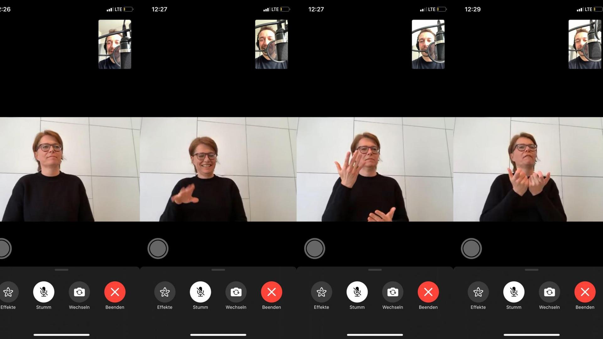 Vier Screenshots eines Facetime-Gesprächs zwischen Katja Fischer und Timo Grampes. Vier Screenshots eines Facetime-Gesprächs zwischen Katja Fischer und Timo Grampes.