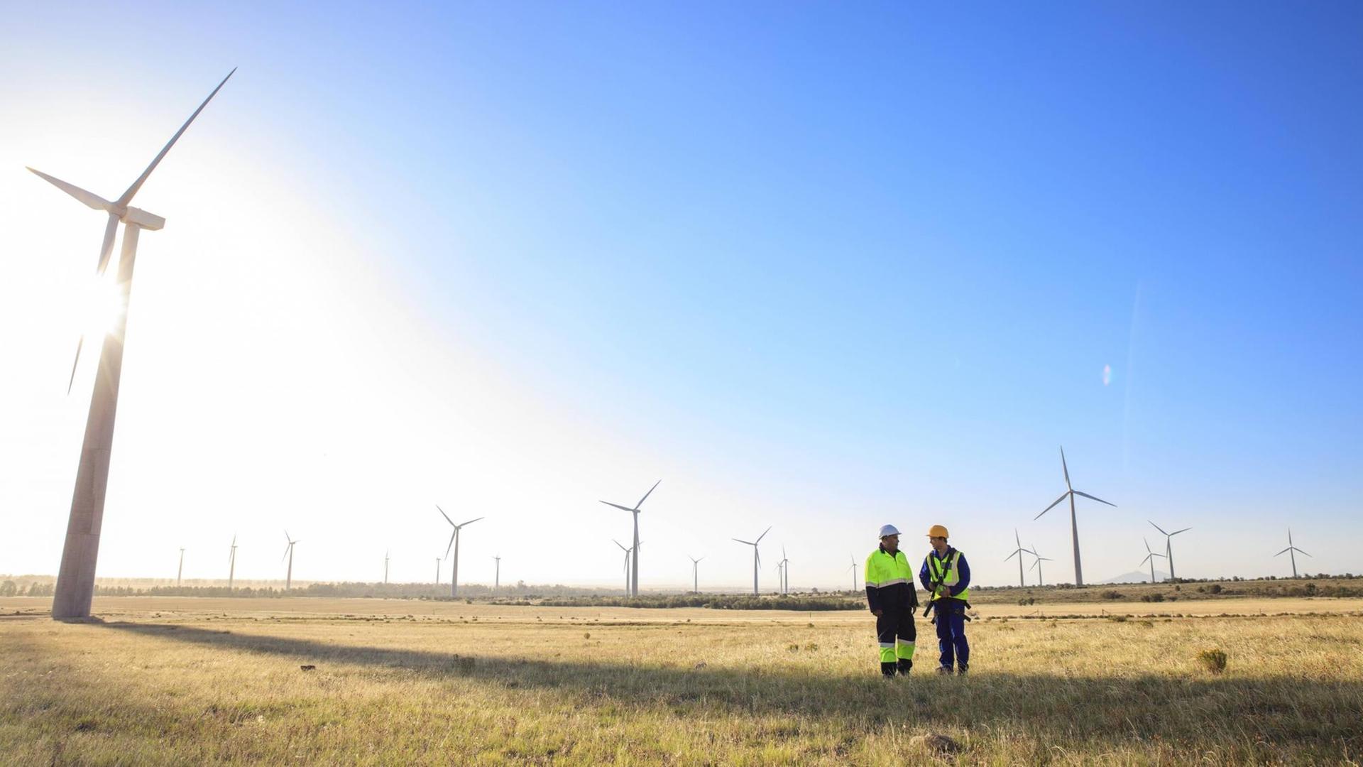 Zwei Männer in Arbeitskleidung stehen auf einer Wiese vor einer Windkraftanlage. Symbolfoto. Zwei Männer in Arbeitskleidung stehen auf einer Wiese vor einer Windkraftanlage. Symbolfoto.