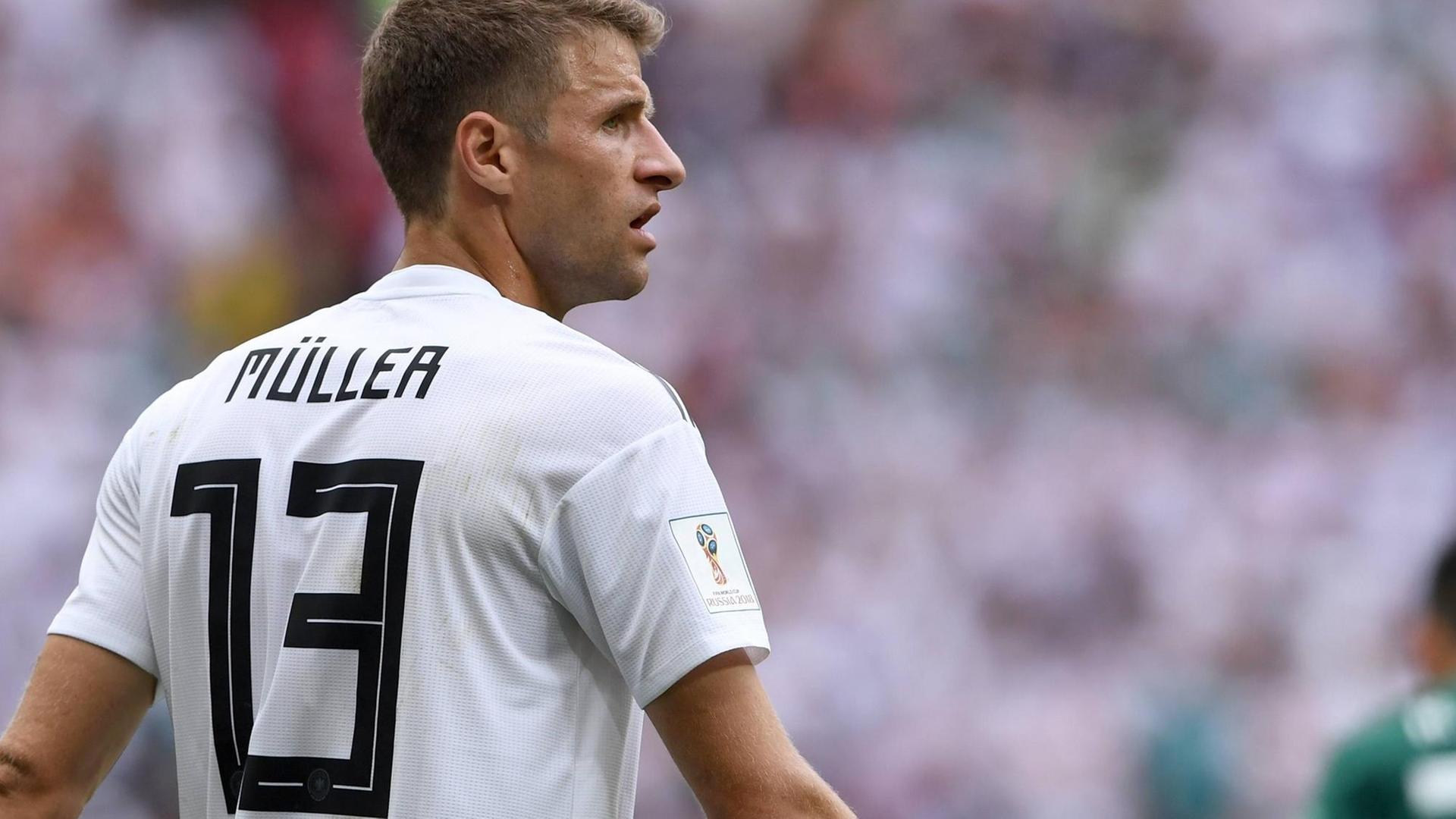 Thomas Müller im Trikot der Fußball-Nationalmannschaft 2018 Thomas Müller im Trikot der Fußball-Nationalmannschaft 2018