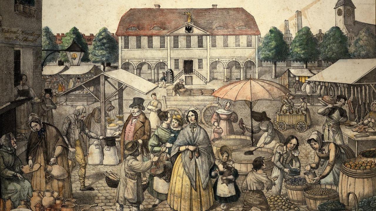 Markttag, Lithografie nach einer Zeichnung von Carl Heinrich Wilke. Markttag, Lithografie nach einer Zeichnung von Carl Heinrich Wilke.