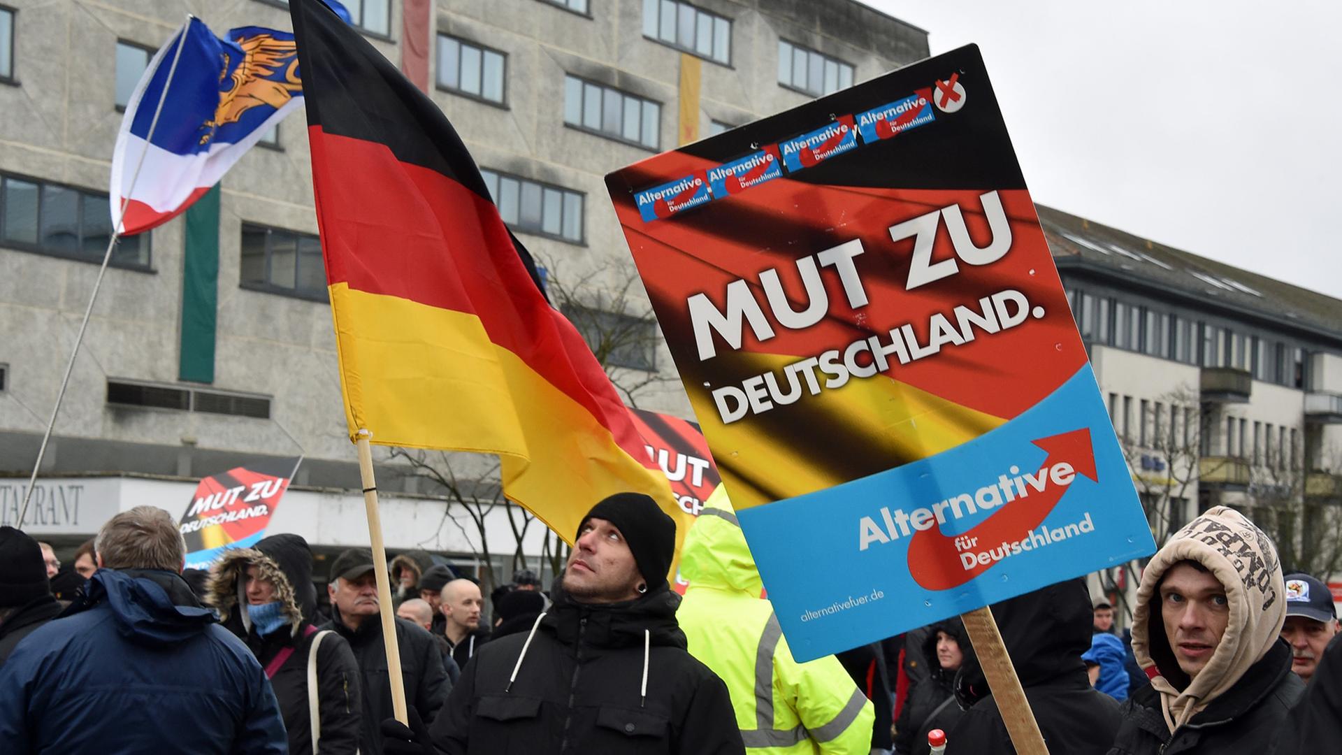 Mit Plakaten und Fahnen stehen AfD-Anhänger am 30. Januar 2016 in Neubrandenburg / Mecklenburg-Vorpommern auf dem Marktplatz. Mit Plakaten und Fahnen stehen AfD-Anhänger am 30. Januar 2016 in Neubrandenburg / Mecklenburg-Vorpommern auf dem Marktplatz.