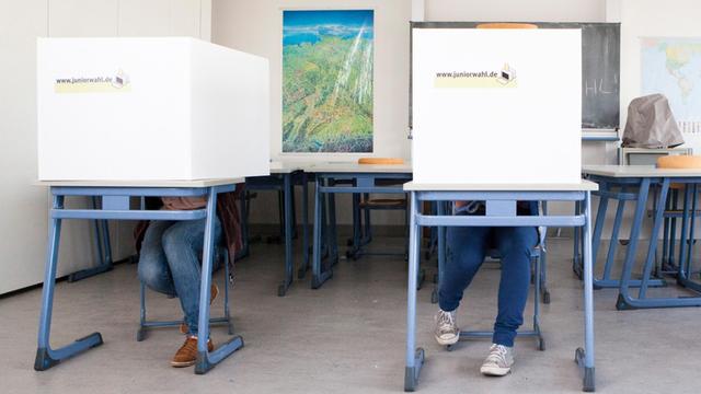 Schüler sitzen in einem Klassenzimmer hinter selbstgebauten Wahlkabinen mit der Aufschrift "Juniorwahl"