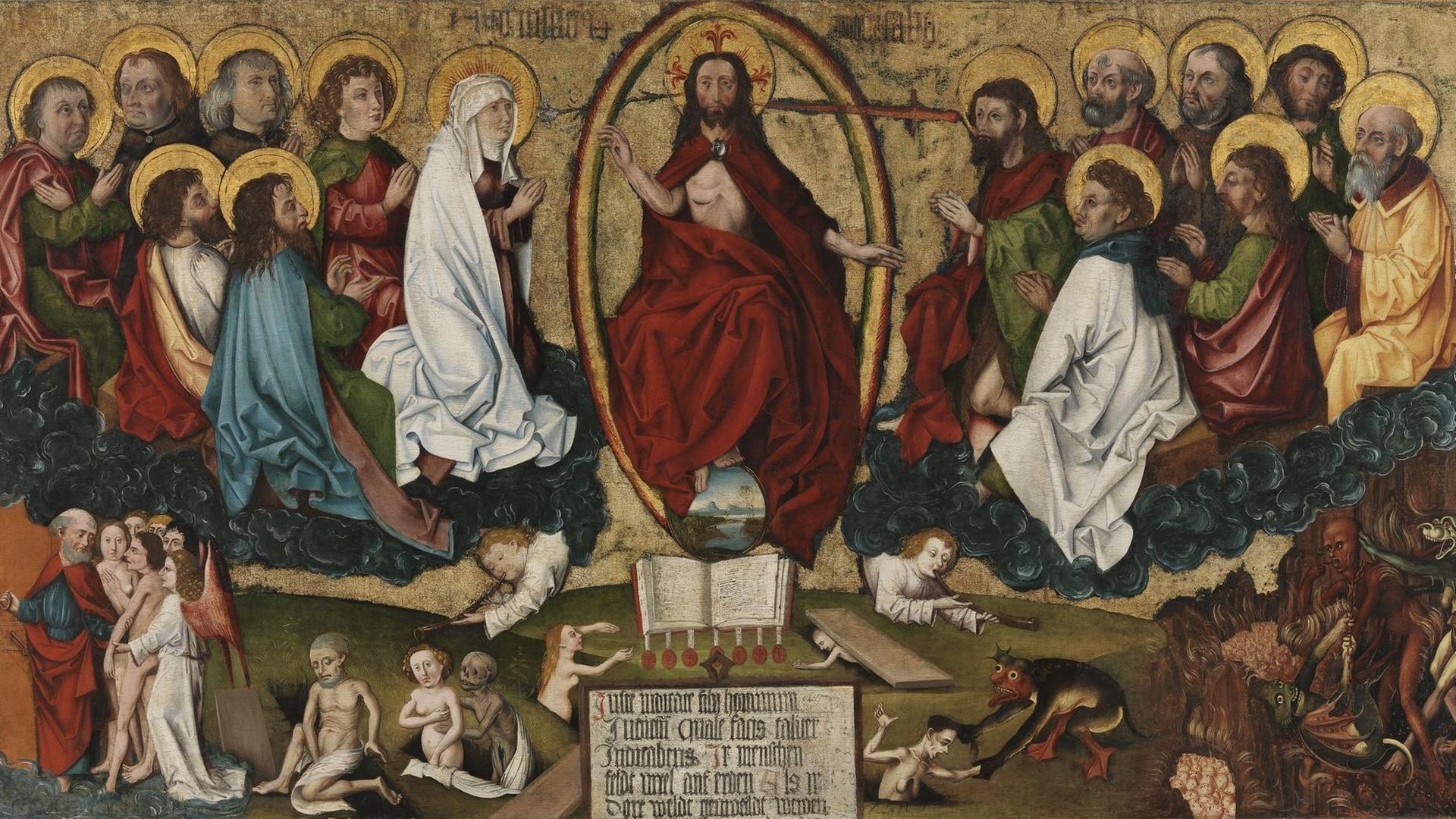 Werkstatt des Michael Wolgemut: Jüngstes Gericht, um 1485/1500, Gerechtigkeitstafel aus dem Nürnberger Rathaus Malerei auf Tannenholz 121 cm hoch x 209 cm breit Germanisches Nationalmuseum, Nürnberg Dauerleihgabe der Museen der Stadt Nürnberg, Kunstsammlungen // Helden, Märtyrer, Heilige. Wege ins Paradies. Sonderausstellung im Germanischen Nationalmuseum, Nürnberg 11. April 2019 – 4. Oktober 2020 Werkstatt des Michael Wolgemut: Jüngstes Gericht, um 1485/1500, Gerechtigkeitstafel aus dem Nürnberger Rathaus Malerei auf Tannenholz 121 cm hoch x 209 cm breit Germanisches Nationalmuseum, Nürnberg Dauerleihgabe der Museen der Stadt Nürnberg, Kunstsammlungen // Helden, Märtyrer, Heilige. Wege ins Paradies. Sonderausstellung im Germanischen Nationalmuseum, Nürnberg 11. April 2019 – 4. Oktober 2020