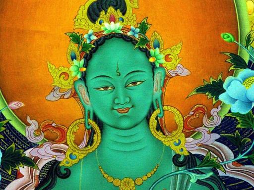 Das Detail eines tibetanischen Kunstwerks zeigt eine Grüne Tara