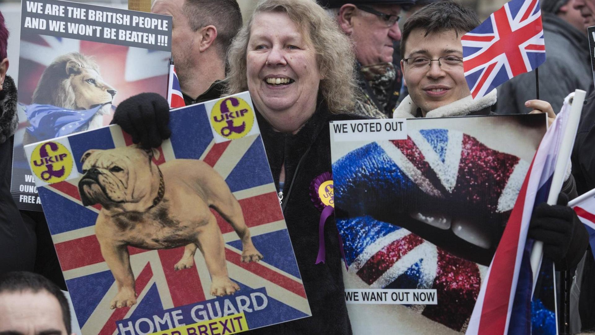 Brexit-Unterstützer Anfang 2017 vor dem Parlament in London. Brexit-Unterstützer Anfang 2017 vor dem Parlament in London.