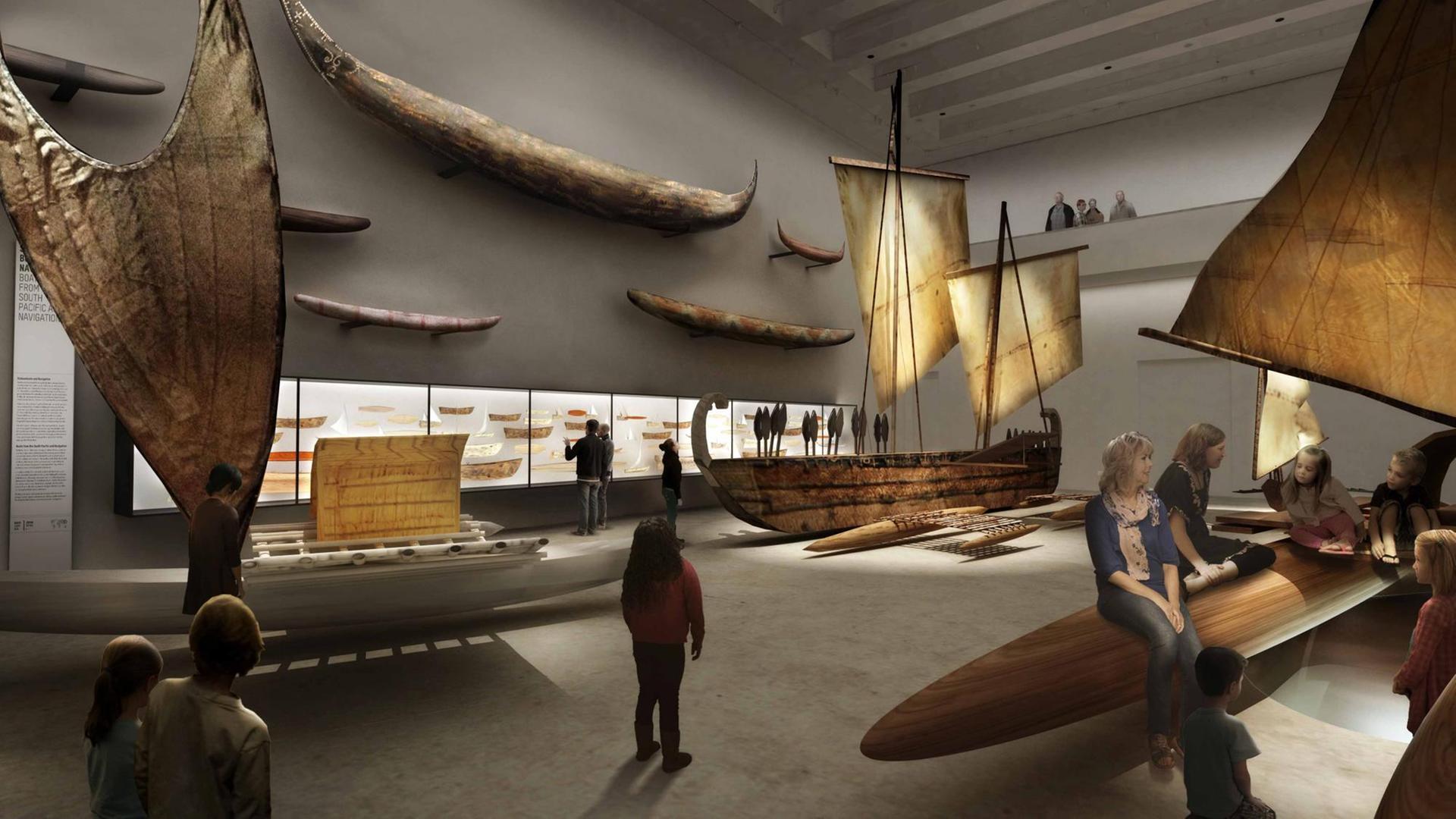 Blick in die zukünftige Ausstellungsgestaltung der neuen Bootshalle mit Schaudepot, Ethnologisches Museum Blick in die zukünftige Ausstellungsgestaltung der neuen Bootshalle mit Schaudepot, Ethnologisches Museum
