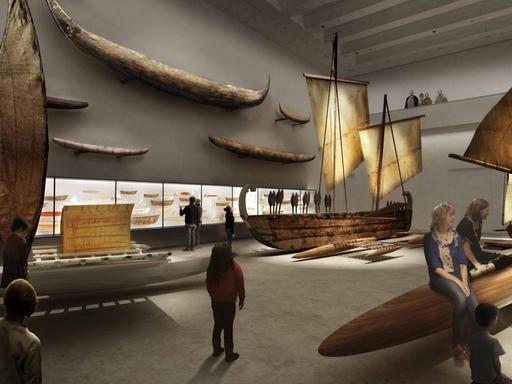 Blick in die zukünftige Ausstellungsgestaltung der neuen Bootshalle mit Schaudepot, Ethnologisches Museum