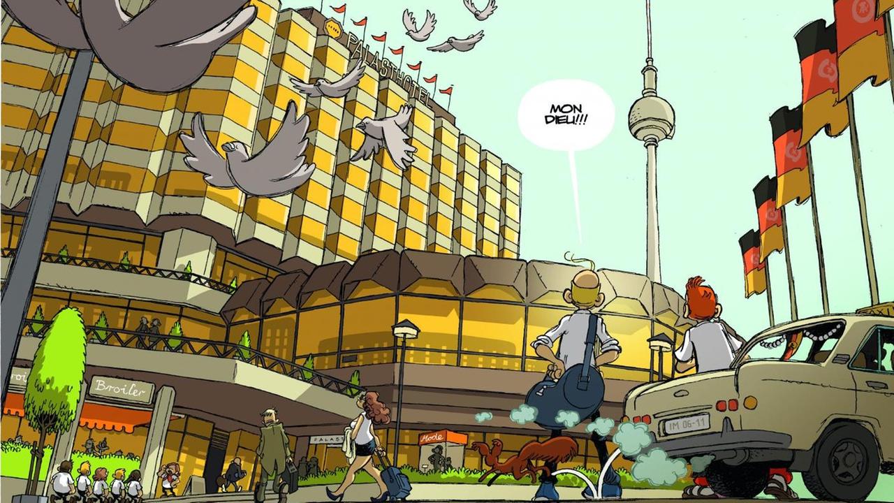 Die Szene aus dem Comic "Spirou in Berlin" von Flix zeigt den Berliner Fernsehturm, das Palasthotel an der Spree sowie die Helden Spirou und Fantasio Die Szene aus dem Comic "Spirou in Berlin" von Flix zeigt den Berliner Fernsehturm, das Palasthotel an der Spree sowie die Helden Spirou und Fantasio