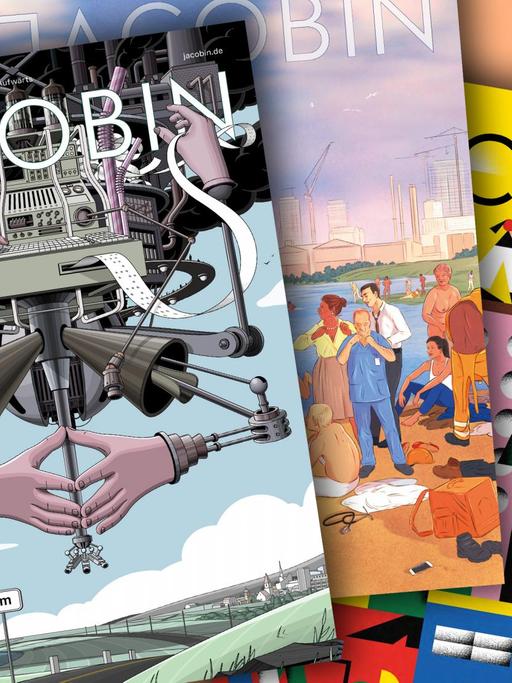 Collage mit drei Ausgaben der Zeitschrift "Jacobin", deren bunte Cover übereinander liegen.